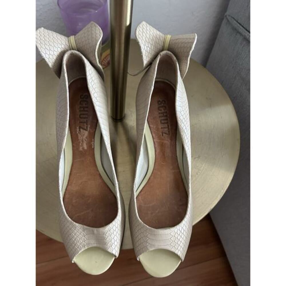 SCHUTZ Leather Open Toe Heels Bow Beige Yellow 41